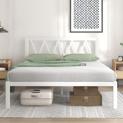 Novilla Queen Bed Frame, Metal Platform Bed Frame with Headboard, Wood Slats Support, No Box Spring Needed, Durable and Safe, Easy Assembly, White