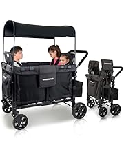 WONDERFOLD W4 Original Stroller Wagon (4 Seater) - Collapsible Wagon Stroller with Seats with 5-Point Harnesses, Easy Access Zipper Door, and Removable Sun Canopy, Black