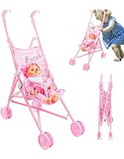 Lamppdcor Bebé con Cochecito, Set de muñeca portátil Plegable con muñeca, muñeca Linda Posible con Ojos Grandes y Ropa portátil, carruaje de muñecas para niñas de niños pequeños