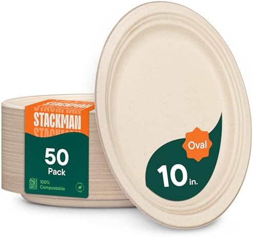 100% Compostable Oval Paper Plates [50-Pack] - {PFAS-Free} - {BPI Certified} - [10 Inch] Heavy Duty, Eco-Friendly, Biodegradable Bagasse Dinner Platters - Natural Brown 10" Oval Plates by Stack Man