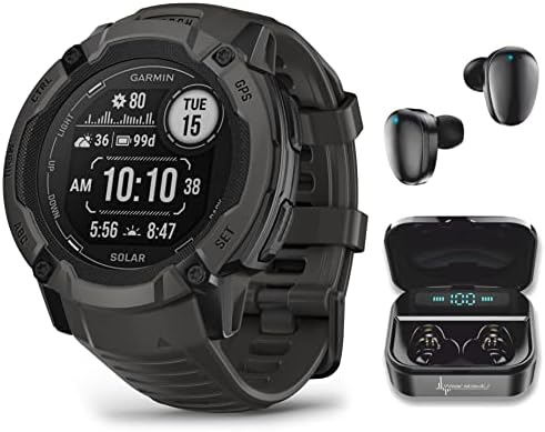 Wearable4U Garmin Instinct 2X Solar Rugged 50 mm GPS Smartwatch, Graphite with Power Glass Lens, LED Flashlight Black Earbuds Bundle