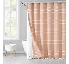 Pure Bath 14 Piece Pink Textured Stripe 72"x70" Shower Curtain Set with Liner and 12 Shower Hooks
