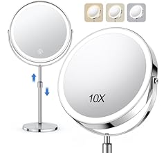 10x Large Lighted Makeup Mirror, Rechargeable 8" Height Adjustable Vanity Mirror, 1x/10x Magnifying Mirror with 3 Color, Br…