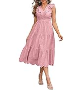 Midi Dress Eyelet Smocked Lace Cotton Tiered A Line Sun Dress with Lining V-Neck Ruffle Cap