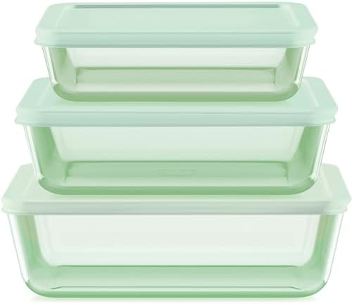 Pyrex Year of Color (3-Pack) Tinted Rectangular Glass Food Storage Containers Set, (3, 6 & 11 Cup) Meal Prep Containers With BPA-Free Lids, Dishwasher & Microwave Safe, Green