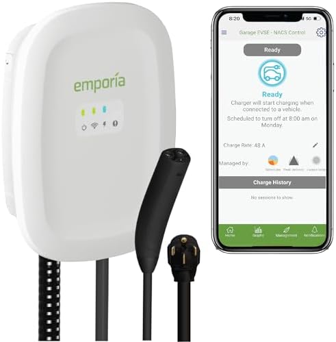 EMPORIA Level 2 EV Charger - NEMA 14-50 EVSE w/NACS, Compatible with Tesla - 48 amp EV Charger Level 2, 240v Electric Vehicle Charging Station, UL/Energy Star, 24ft Electric Car Charger Cable, White