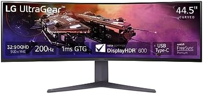 LG 45GR65DC-B 45-inch Ultragear Curved Gaming Monitor, QHD, 200Hz, 1ms, UltraWide Display, 32:9, AMD FreeSync Premium Pro, VESA DisplayHDR 600, HDMI 2.1 x2, DP, UBS x3, Tilt/Height/Swivel Stand Black