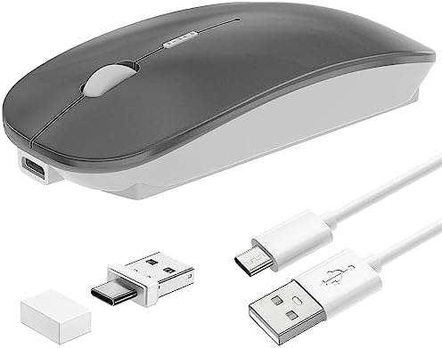 Tsmine Bluetooth Mouse Wireless, Slim Computer Mouse Dual-Mode Connection with USB Receiver Mouse Cordless Rechargeable Silent Mouse for Mac Windows Laptops Chromebook Tablets iPad(Gray)