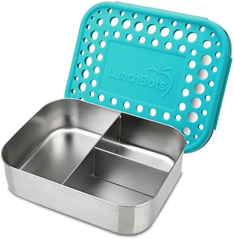 LunchBots Medium Trio II Snack Container - Divided Stainless Steel Food Container - Three Sections for Snacks On the Go - Eco-Friendly, Dishwasher Safe, BPA-Free - Stainless Lid (Aqua)