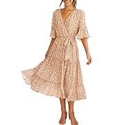 Miessial Women's Boho V Neck Floral Chiffon Dress Backless Beach Split Maxi Dress with Belt