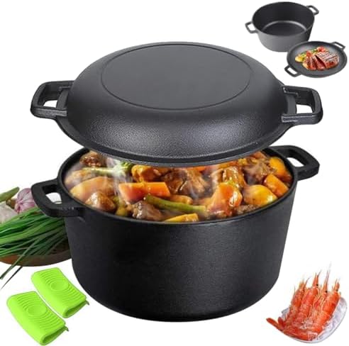 AHILAX Horno Holandés Hierro Fundido Sartén & Olla Multiusos 2 en 1, Olla Holandesa Redonda Doble Función Horno, Dutch Oven Cacerola Tapa de Sartén con Asa para Pan Cocinar Hornear, Diámetro 26cm 4.7L