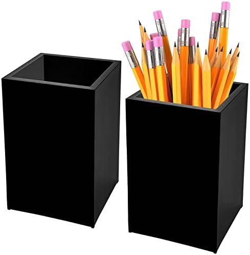 2 Pack Black Acrylic Pencil Pen Holder Cup,Desk Accessories Holder,Makeup Brush Storage Organizer,Modern Design Desktop Stationery Organizer for Office School Home Supplies,2.6x 2.6x 4 inches