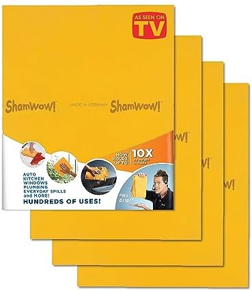 ShamWow Original Super Absorbent Multi-Purpose Cleaning Shammy Chamois Towel Cloth - Holds 10X its Weight in Liquid - Machine Washable - Will Not Scratch (4 Pack, Orange)