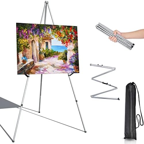 Portable Art Easel Stand 63 Inches - Silver Picture Stands for Display w/Bag - Tabletop Art Easel Stand for Sign, Wedding Signs, Poster Stand, Painting Canvas Stand - Metal Tripod, Easels for Display