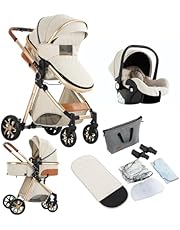 Doraystar 3 in 1 Baby Stroller Travel System Combo Set, Reversible Newborn Stroller Pram with One-Click Folding, Convertible Infant Toddler Carriage with Aluminum Frame (MGV9-WHITE Without Base)