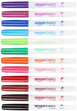 Amazon Basics Low Odor Ultra Fine Tip Dry Erase Whiteboard Markers, 12 Pack, Assorted Colors