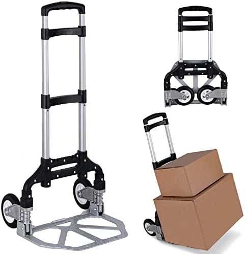 Folding Hand Truck Portable Foldable Dolly Cart Aluminum Luggage Cart Trolley Cart Black MAX Load 180 lbs, with Black Bungee Cord, Telescoping Handle,Solid Aluminium Wheel suspensions, Double Bearings