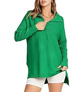 ANRABESS Women's 2022 Long Sleeve 1/4 Zipper V Neck Collar Oversized High Low Slit Side Knit Tuni...