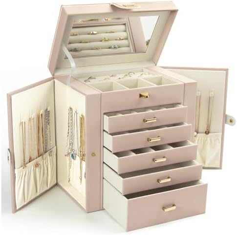 KAMIER Jewelry Box for Women, 6-Layer Large Jewelry Organizer Box with Mirror & 5 Drawers for Rings, Earrings, Necklaces, Bracelets,Beige