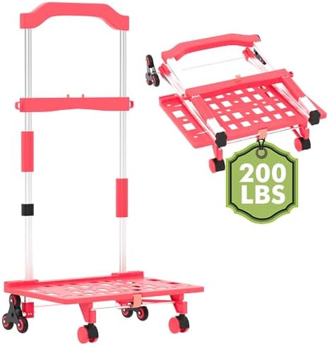 Folding Hand Truck, 200 lbs Durable Luggage cart with All-Terrain Triple Wheels, Multifunctional and Compact Dolly cart with Wheels for Shopping, Moving and Traveling, Pink