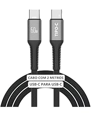 Cabo USB-C 2 metros Tipo C Turbo 60W Ultra Rapido Nylon Trançado e Reforçado Android e Iphone Notebook Tablet Qualidade Premium Carregamento Transferência de Dados - Cor Preta