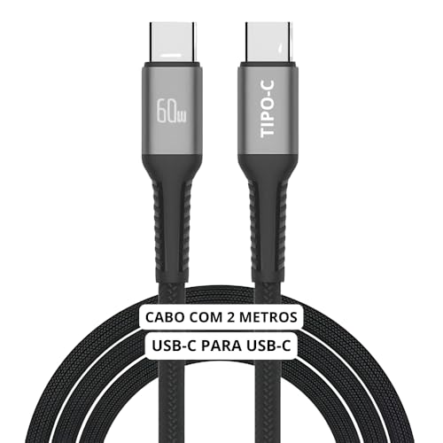 Cabo USB-C 2 metros Tipo C Turbo 60W Ultra Rapido Nylon Trançado e Reforçado Android e Iphone Notebook Tablet Qualidade Premi