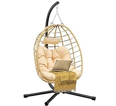 DWVO Egg Hanging Swing Chair with Stand Egg Chair Wicker Indoor Outdoor Hammock Egg Chair with Cushions 330lbs for Patio, B…