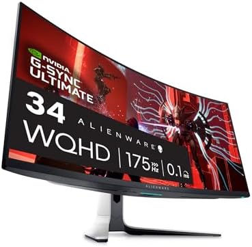 Alienware AW3423DW Curved Gaming Monitor 34.18 inch Quantom Dot-OLED 1800R Display, 3440x1440 Pixels at 175Hz, True 0.1ms Gray-to-Gray, 1M:1 Contrast Ratio, 1.07 Billions Colors - Lunar Light