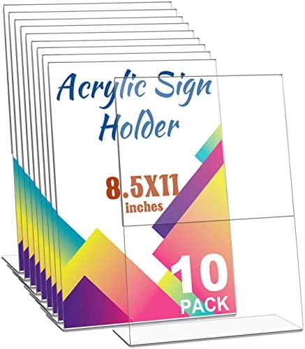 Laerjin 10 Pack Acrylic Sign Holder 8.5 x 11, Slanted Back Sign Holders, Clear Sign Holder, Plastic Paper Holder, Flyer Document Paper Display Stand for Office Desktop