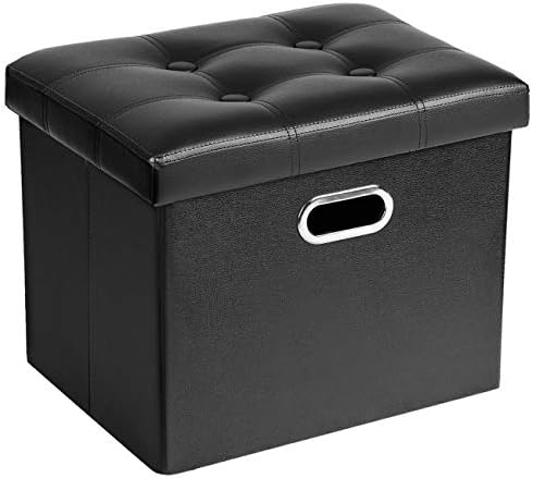 COSYLAND Ottoman with Storage Folding Leather Ottoman Footrest Foot Stool Black Ottoman for Room Small Rectangle Collapsible Bench Furniture with Handles Lid Toy Chest 17x13x13in