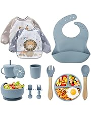 Cubiertos Bebe,Juego de 12 Piezas Platos Bebe con Ventosa, Baby Led Weaning,Cubiertos Infantiles,Juegos de Vajilla Bebe,Cuchara Bebe,Babero Silicona Bebe,Plato de Silicón Antideslizante Sin BPA…