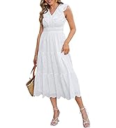 Midi Dress Eyelet Smocked Lace Cotton Tiered A Line Sun Dress with Lining V-Neck Ruffle Cap