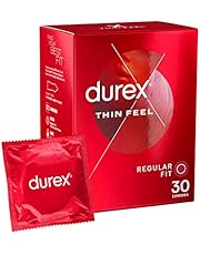 Durex Thin Feel Condoms, 30 Pack, Regular Size Fit, Thin Condom for Increased Sensitivity, Contraception, Thinnest Condom, Best Condoms for Feeling, Natural Latex Condom with Silicon Lube