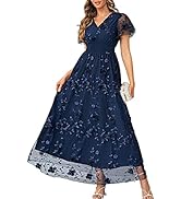 Miessial Women's V-Neck Lace Floral Long Dress Embroidery Cocktail Wedding Guest Boho Maxi Dress