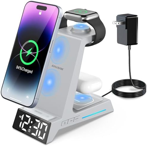 ANJANK Wireless Charger- 4 in 1 Alarm Clock Charging Station, Charging Dock for iPhone 16 15 14 13 12 11 Pro Max XR XS 8 Plus, for Apple Watch 9 8 7 6 5 4 3 2 SE, for AirPods, Not for Samsung Watch