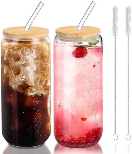 DAMCONME 20 Oz Glass Cups with Lids and Straws 2Pcs,Glass Iced Coffee Cups,20 Oz Glass Tumbler,Glass with Bamboo Lid and Straw for Smoothie,Cocktail Beer, Whiskey,Soda(2 Clean Brush)