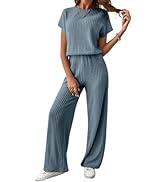 Happy Sailed Women's Casual Loose Solid Ribbed Crewneck Short Sleeve Long Romper Stretchy Wide Le...