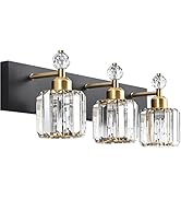 PRESDE Black Gold Crystal Bathroom Vanity Lights Fixtures Over Mirror Modern 3 Light Bath Wall Li...