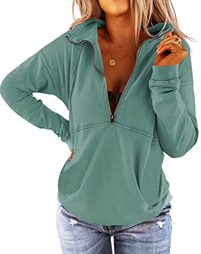 Floral Find Women's Long Sleeve Lapel Half Zip Up Sweatshirt Solid Stylish Loose Fit Casual Pullover Tops (Sage, XX-Large)