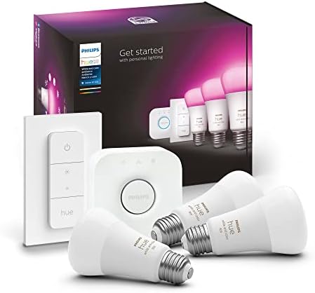 Philips Hue MAIN-54158 White Ambiance LED Starter Kit-3 Multicolor A19 Bulbs, Bridge and Hue Dimmer Switch (Gen 3-Richer Colors), 1 Count (Pack of 1), Multi