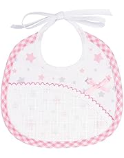 Filet - Babero de Algodón Piquet con Estampado de Estrellas Multicolor y bolsillo en tela Aida para bordar | Medidas 18x18 cm | Rosa