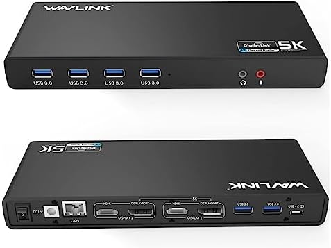 WAVLINK USB 3.0 and USB-C Dual 4K Display Laptop Docking Station,5K/Dual 4K @60Hz Docking Staion Dual Monitor for Windows, Mac(2 HDMI, 2 DP, Gigabit Ethernet, 6 USB 3.0,Audio)