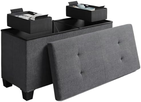 Storage Ottoman Bench with Storage Bins, 30-In Storage Bench for Bedroom End of Bed, Folding Foot Rest Ottoman with Storage for Living Room, Storage Chest Max 660lbs, Linen Fabric Grey Ottoman