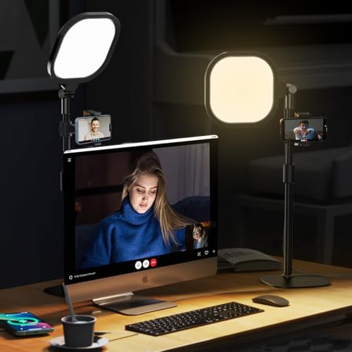 1Pack Video Conference Lighting for Zoom Meeting, Computer, Laptop, Ring Light with Stand for Desk with Nature Soft Light, Adjustable Brightness& Color Temp and Flexible Stand & Versatile Phone Holder