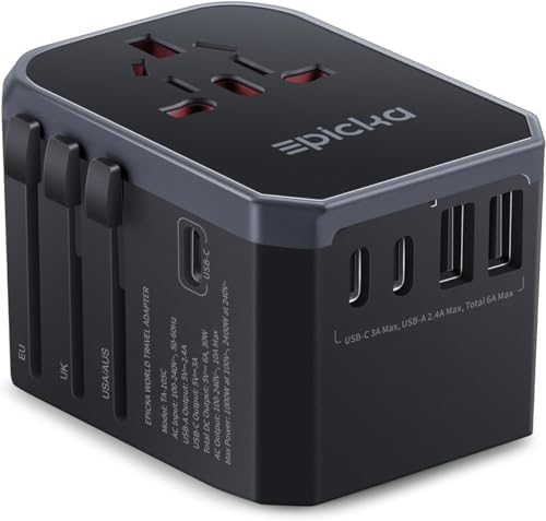 EPICKA Universal Travel Adapter, International Power Plug Adapter with 3 USB-C and 2 USB-A Ports, All-in-One Worldwide Wall Charger for USA EU UK AUS (TA-105C, Black)