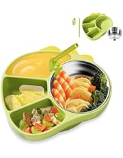 XINYUDAILY Platos Bebe con Ventosa, Plato de Silicona compartimento para Niños, Sin BPA, Cuenco Interior de Acero Inoxidable Extraíble, Plato Ventosa Bebe Apto para Lavavajillas y Microondas