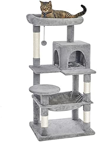 Catinsider 46.5 inches Cat Tree Multi-Level Cat Tower with Sisal-Covered Scratching Posts, Plush Perches, Hammock and Condo for Cats Light Gray