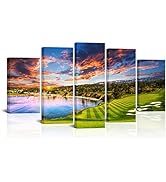 RyounoArt 5 Piece Golf Canvas Wall Art Sunset Pebble Beach California Golf Course Painting Pictur...