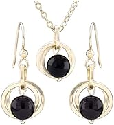 Simple Real Black Onyx Gemstone Dangle Earrings and 20 Inch Pendant Necklace on Chain with 14K Ye...