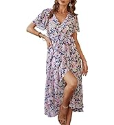 PRETTYGARDEN Women's 2023 Floral Boho Dress Wrap V Neck Short Sleeve Belted Ruffle Hem A-Line Flo...